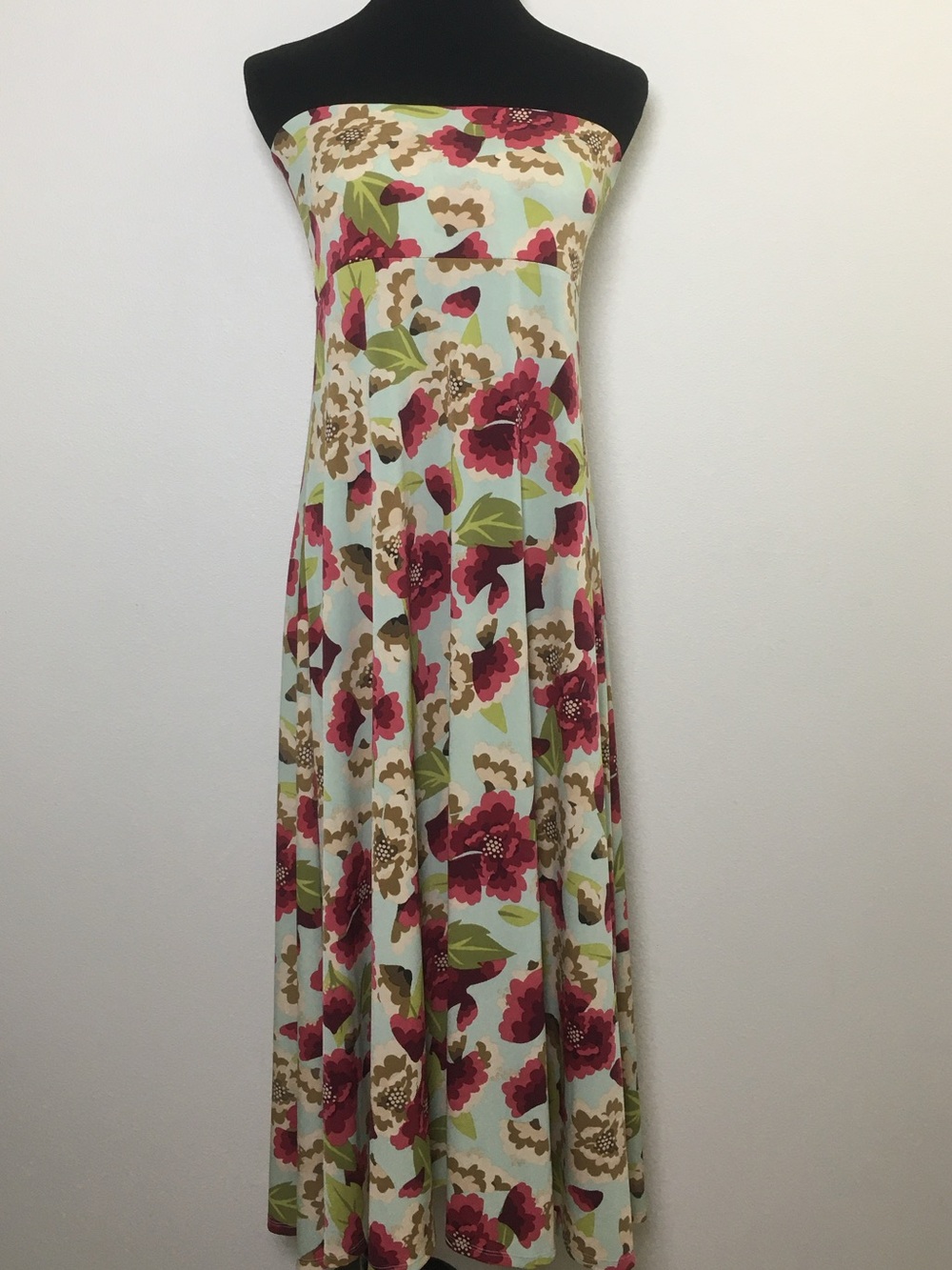 LuLaRoe | Maxi Skirt & Strapless Floral Maxi Dress in Light Blue, Reds and Green